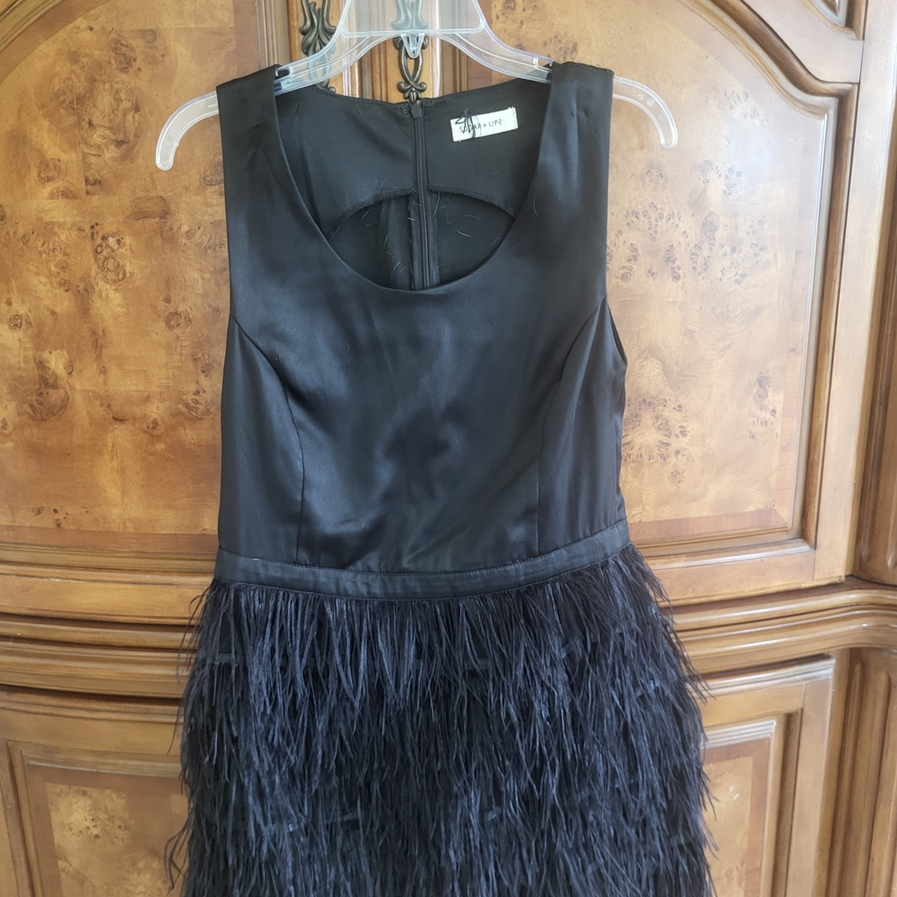 Sugar Lips Black Satin LBD Sleeveless Feathered Drop Waist Dress